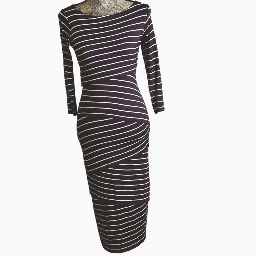 ANTHROPOLOGIE BAILEY 44 Purple Cream Stripe Bodycon Stretch Midi Dress S Knit - Picture 2 of 5